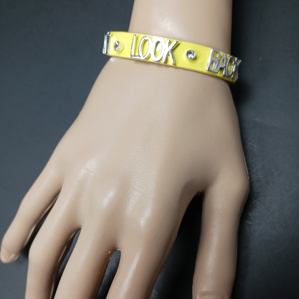 BCBGENERATION Don't Look Back Yellow Glossy Rubber Bracelet Silver & Rhi…